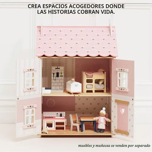 Vista 7 de Le Toy Van – Casa de muñecas de madera en forma de corazón de rosa Juego de casa de muñecas de madera de 3 plantas para niñas y niños - Adecuado