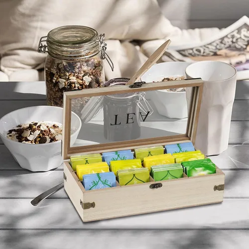 Vista 3 de Caja de té, organizador y almacenamiento de té de madera, 12 SMOKY
