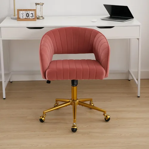 Vista 2 de Sillas de escritorio para oficina en casa Westice, silla de escritorio de terciopelo moderna, silla giratoria de tocador con base dorada ajustable