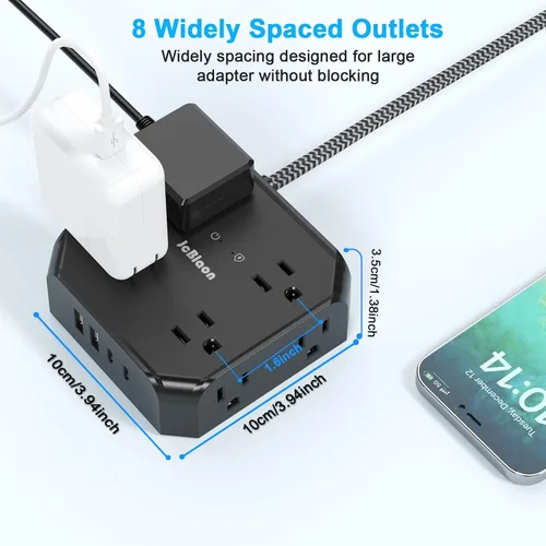 Vista 5 de Protector de sobretensiones - Cable de extensión de enchufe plano de 15 pies con 8 tomas amplias y 4 puertos USB (2 USB C), extensor de salida