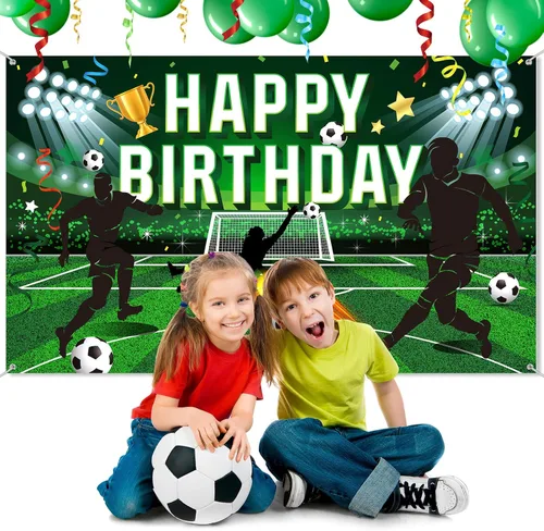 Vista 3 de Tatuo Telón de fondo de fiesta de cumpleaños de fútbol, fondo de campo de fútbol de poliéster con letras de feliz cumpleaños, incluye cuerda blanca