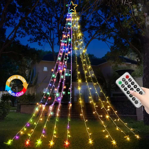 Vista 13 de Luces de Cadena de Estrella de Navidad, 320 Luces LED de Cascada para Árbol con Estrella Superior de 13", 8 Modos de Iluminación para Interiores