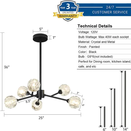 Vista 4 de Weesalife Sputnik - Candelabros para comedor, 6 luces de 25 pulgadas de diámetro Black Sputnik Chandeliers Adjustable Height Modern Crystal