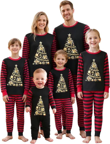 Vista 39 de Awoscut - Conjunto de pijamas navideños a juego, con estampado en la parte superior y pantalones a cuadros #B-7