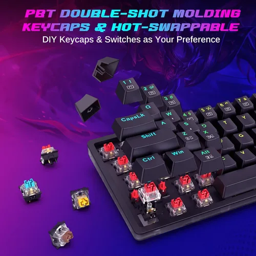 Vista 4 de Teclado mecánico al 60%, mini teclado para juegos con cable, compacto 60%, retroiluminación RGB, interruptor rojo intercambiable en caliente