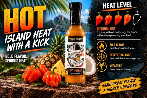 Vista 3 de The Spicy Shark Caribbean Reef Shark Scotch Bonnet Pepper Island Hot Sauce Botella de 5 onzas – Marca presentada en Hot Ones