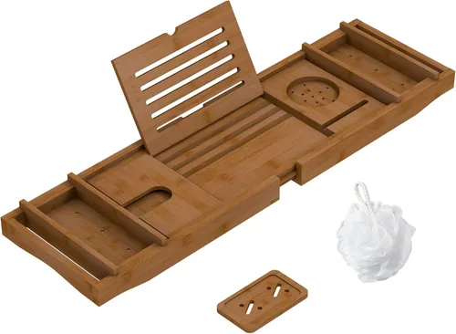 Vista 10 de Bandeja de Bañera de Bambú para Baño de Lujo, Bandeja de Baño Premium Expandible con Soporte para Jabón/Toalla/Libro, Accesorios de Baño Ajustables