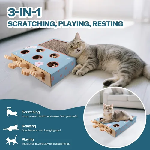 Vista 3 de PAWISE Juguete rascador interactivo para gatos, tablero rascador de cartón 3 en 1 y caja de juguetes interactiva de rompecabezas para gatos
