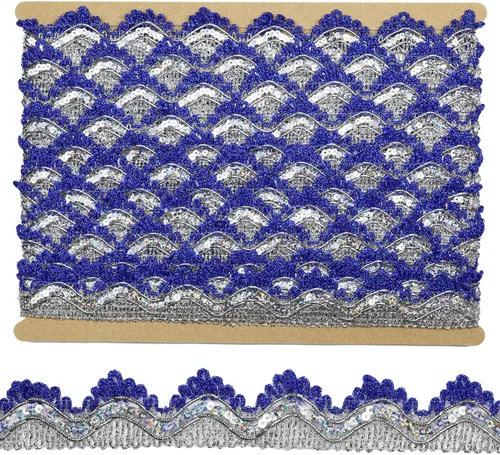 Vista 9 de Cinta larga de 14 yardas de ancho, 1.378 in/1.37 pulgadas, color oro azul con lentejuelas doradas, adorno de encaje decorado para manualidades, tela