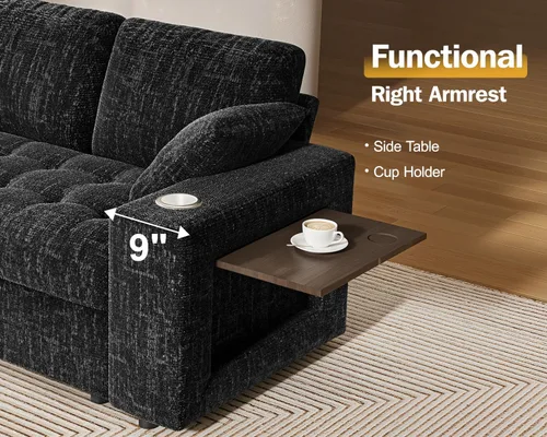 Vista 8 de Vipbear Sofá cama modular de 86 pulgadas con cama extraíble, sofá en forma de L de felpilla de 5 asientos con puertos USB, portavasos, mesa Negro