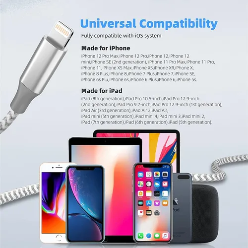 Vista 7 de Cargador para iPhone [certificado Apple MFi] Paquete de 3 cables Lightning de 10 pies de largo, carga rápida, sincronización de datos, cable USB