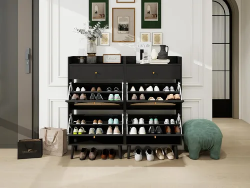 Vista 9 de ZeHuoGe Zapatero de ratán natural con 2 cajones abatibles, zapatero negro para tacones, zapatillas, zapatero independiente para entrada y pasillo