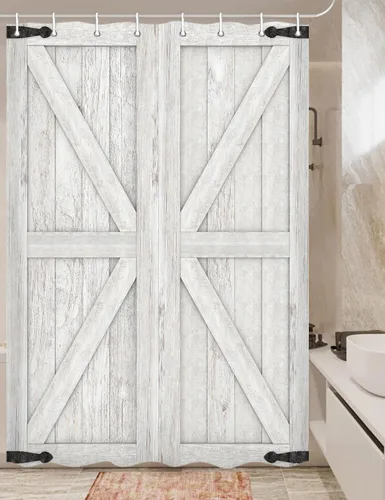 Vista 31 de Cortina de ducha de puerta de granero de madera rústica, 60 x 70 pulgadas, beige