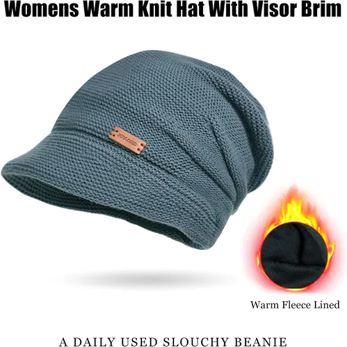 Vista 2 de KMOLY Gorro de punto para mujer con visera para invierno, con forro polar, gorro de nieve con calavera
