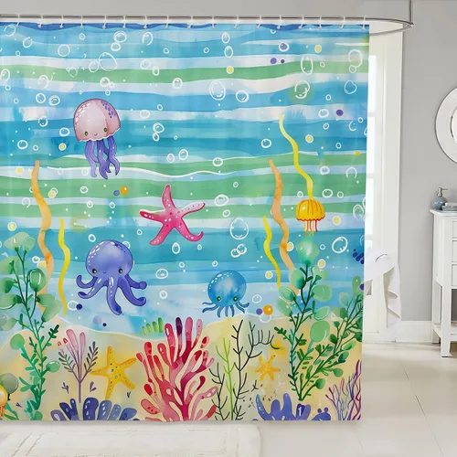 Vista 15 de Cortina de ducha de sirena, decoración de baño con escala de acuarela, habitación para niños y niñas, mujeres, caricaturas, delfín, pulpo