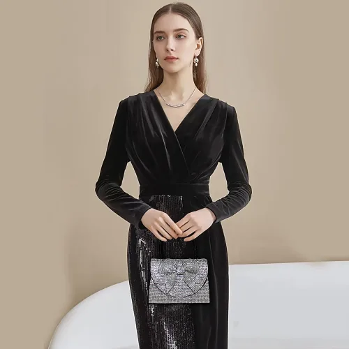 Vista 6 de Trisapu Bolso de noche para mujer, con lazo brillante, bolso de mano para boda, fiesta, monederos con diamantes de imitación con purpurina