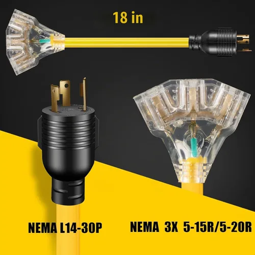 Vista 2 de Cable Adaptador de Generador para Exteriores de 30 Amperios a 110, Cable de Generador de 3 Clavijas con Seguro de 30 Amperios a 15 Amperios, NEMA