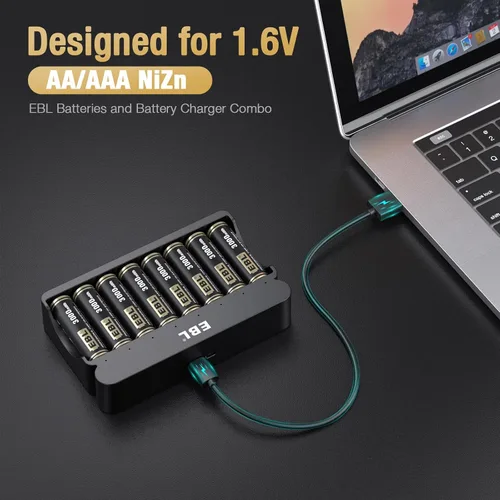 Vista 2 de EBL Paquete de 8 baterías AA recargables Ni-Zn de 3000 mWh con cargador de batería Ni-Zn de 8 bahías, batería doble A de 1.6 V de alto rendimiento