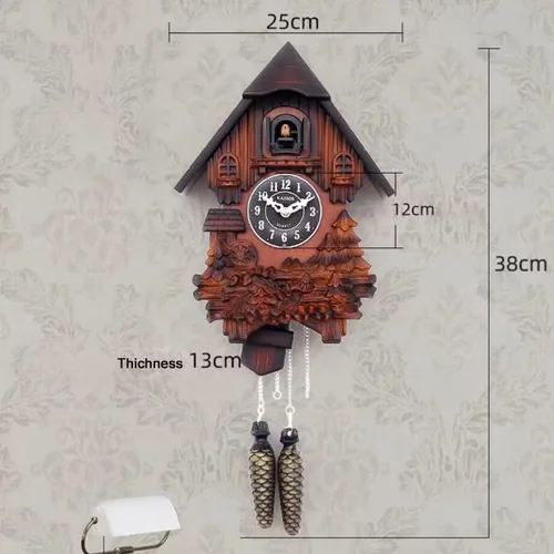 Vista 2 de Reloj de cuco con modo nocturno, decoraciones talladas a mano y péndulo oscilante