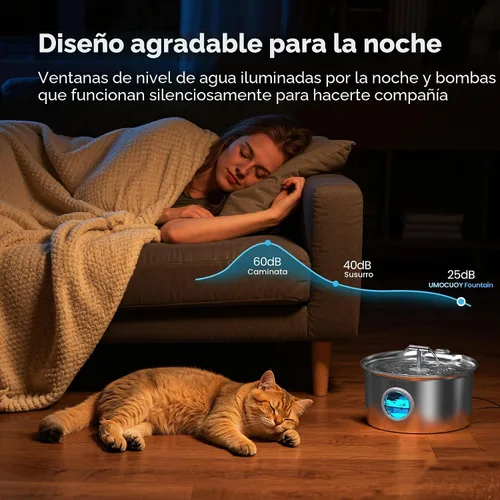 Vista 8 de Fuente de agua para gatos de acero inoxidable: fuente para gatos de 2,6 L para beber - Fuente de agua para mascotas para gatos en interiores - Tazón