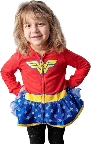 Vista 2 de DC Comics - Disfraz de la Liga de la Justicia para niñas pequeñas, con cremallera, color rojo, 6, Rojo