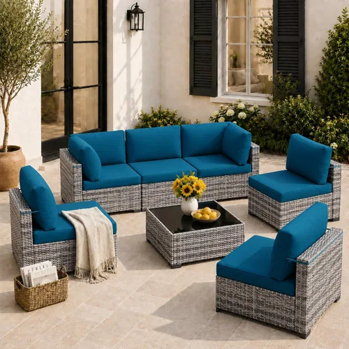 Vista 25 de Juego de 7 muebles de patio al aire libre, sofá seccional al aire libre, muebles de mimbre para patio, juego de conversación de patio con mesa