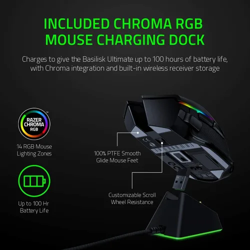 Vista 4 de Mouse gamer inalámbrico Razer Basilisk X HyperSpeed Compatible con Bluetooth e inalámbrico sensor óptico de 16 K DPI 6 botones programables batería