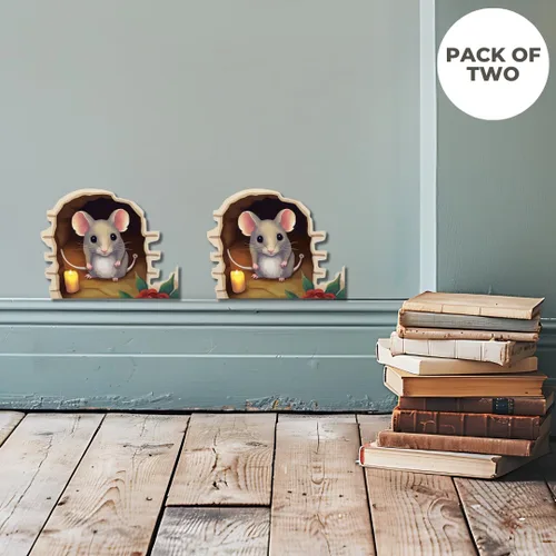 Vista 3 de Adhesivo de pared con ratón en el agujero - Paquete de 2, vinilo decorativo con agujero de ratón, arte divertido, decoración del hogar, vinilo