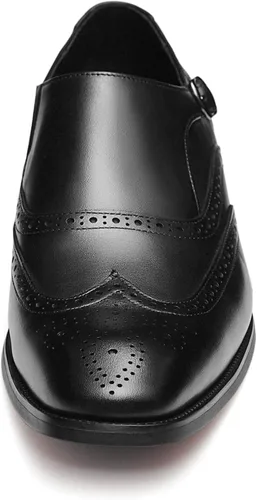 Vista 3 de FRASOICUS Zapatos de vestir para hombre, de cuero genuino, correa de monje, zapatos formales con punta de ala, mocasín sin cordones