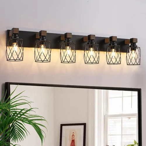 Vista 15 de Farmhouse 3-Light Wood Bathroom Vanity Light, White Metal Cage Shade