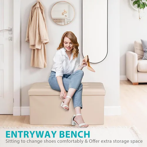Vista 4 de ZenStyle Banco otomano de almacenamiento de 30 pulgadas, reposapiés plegable, banco largo de almacenamiento para zapatos con asiento acolchado