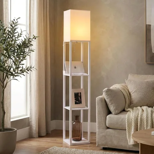 Vista 2 de Brightech Maxwell Charger - Lámpara de pie moderna con estantes con puertos de carga USB y toma de corriente eléctrica - Lámparas de pie de esquina