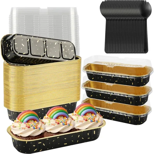 Vista 10 de Mini Moldes para Pasteles con Tapas, 50PCS Moldes Rectangulares Desechables de 6.8OZ Ramekins Forros para Cupcakes con Tapas Moldes para Pan Mini