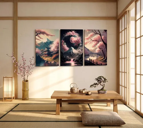 Vista 2 de 3 piezas de arte de pared en lienzo japonés, paisaje del lago de cerezos en flor, decoración de pared, imágenes de Japón, arte de Monte Fuji