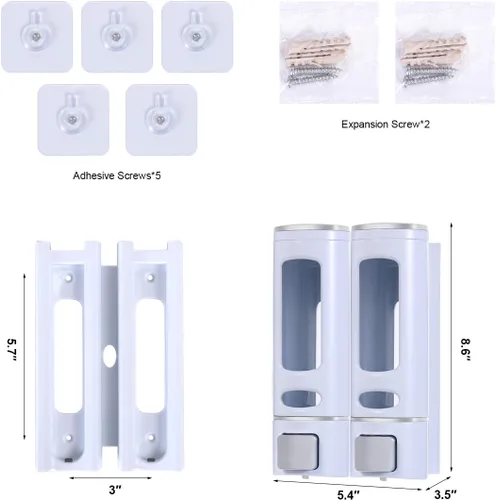 Vista 4 de Dispensadores de champú para ducha, dispensador de jabón montado en la pared, 2 cámaras, acondicionador y jabón corporal, juego de dispensador