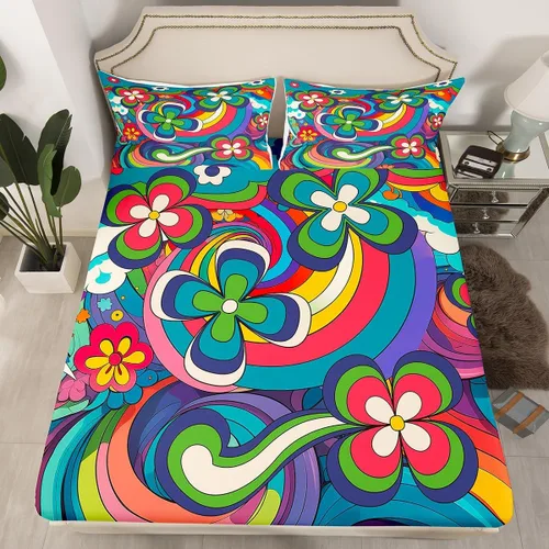 Vista 10 de Juego de ropa de cama con diseño floral bohemio, tamaño individual, diseño retro de flores groovy, 60S y 70S, diseño de flores hippie para niños
