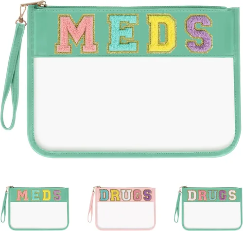 Vista 8 de Iqimott Bolsa de parche de felpilla con letras MEDS transparente, bolsa de maquillaje portátil de preparación para mujeres y niñas, viajes, bolsa
