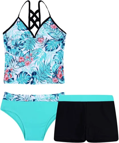 Vista 7 de ranrann Conjunto de 3 piezas de camiseta con estampado floral y pantalones cortos para niñas Púrpura