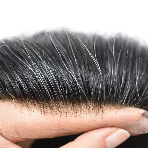 Vista 50 de Toupee para hombres, sistema de reemplazo de cabello humano Remy, nudos blanqueados, encaje frontal, piel fina, para hombre, color gris, pelucas
