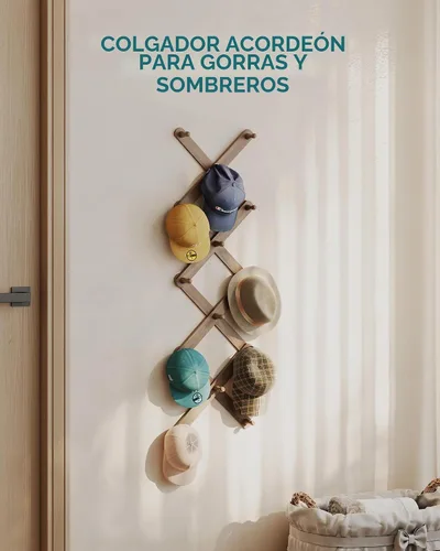 Vista 5 de OROPY Percha de pared de acordeón con 14 clavijas, perchero de madera nogal (Walnut Color)