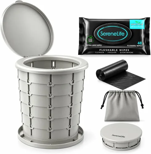 Vista 11 de SereneLife Asiento de inodoro plegable para campamento, altura ajustable, portátil, para viaje, con tapa, bolsa de transporte, base antideslizante