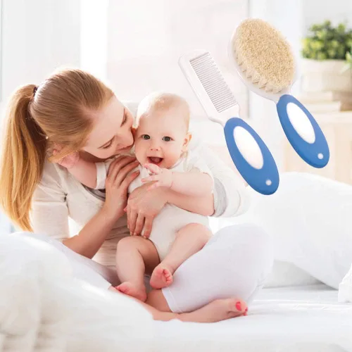 Vista 5 de Juego de cepillo y peine para el pelo del bebé para recién nacidos y niños pequeños Cerdas de cabra suaves naturales Ideal para la cuna Regalo