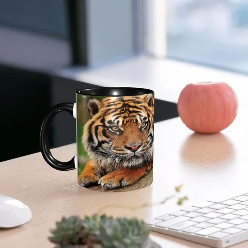 Vista 7 de Taza de café, taza personalizada de tigre, tigre agachado en la roca hermosa foto de la naturaleza, 11 onzas, para bebidas calientes y todos