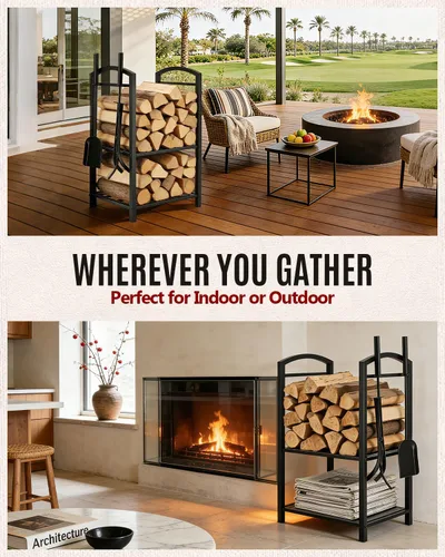 Vista 7 de Breeze Touch Estante de leña de 29 pulgadas con 4 herramientas para chimenea, soporte de troncos resistente de 5 piezas para chimenea