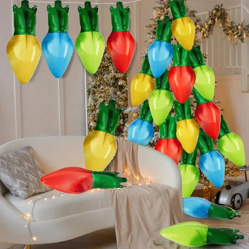 Vista 6 de DBKL 60 globos de Navidad – Globos de aluminio de bombilla de Navidad en rojo, azul, dorado y verde para decoraciones de fiesta de Navidad