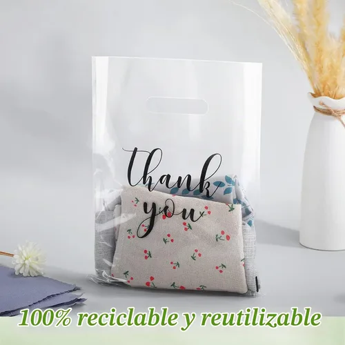 Vista 5 de Crtiin 100 piezas de bolsas de mercancía transparentes con texto "Thank You" y asas troqueladas para compras, bolsas de plástico para embalaje