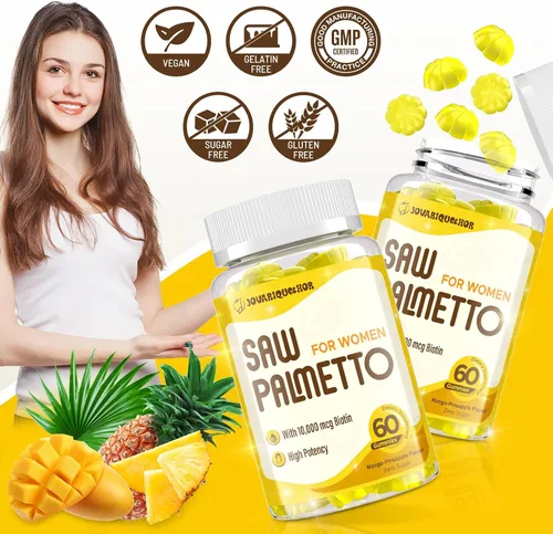 Vista 7 de Jovariquethor Saw Palmetto para Mujeres - Bloqueador de DHT, suplemento para el crecimiento del cabello - Gomitas potentes de 500mg de saw palmetto