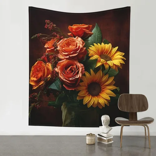 Vista 5 de Dwrepo Tapiz con estampado de girasoles y rosas, colorido y moderno para colgar en la pared, divertidos tapices de pared para decoración del hogar
