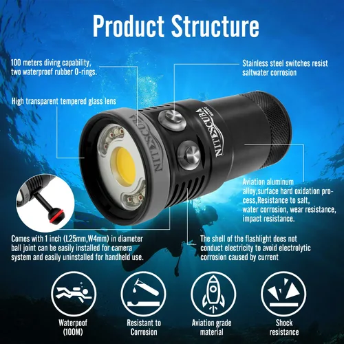 Vista 5 de Nitescuba NSS60 Buceo Luz Subacuática Video Luz 6000 Lumen Linterna Impermeable para 100m/330ft CRI=90 Fotografía Subacuática, que se conecta a