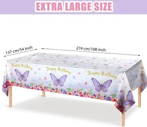 Vista 2 de Tegeme Mantel rectangular con diseño de mariposas y feliz cumpleaños, decoración de fiesta de mariposa, mantel de plástico con temática de primavera